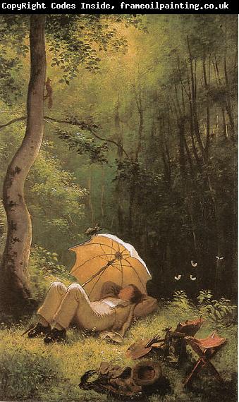 Carl Spitzweg Der Maler auf einer Waldlichtung, unter einem Schirm liegend